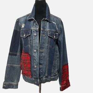 Ovadia & Sons Mens Sz Medium Women’s Large Plaid Patch Denim Jacket Distressed
